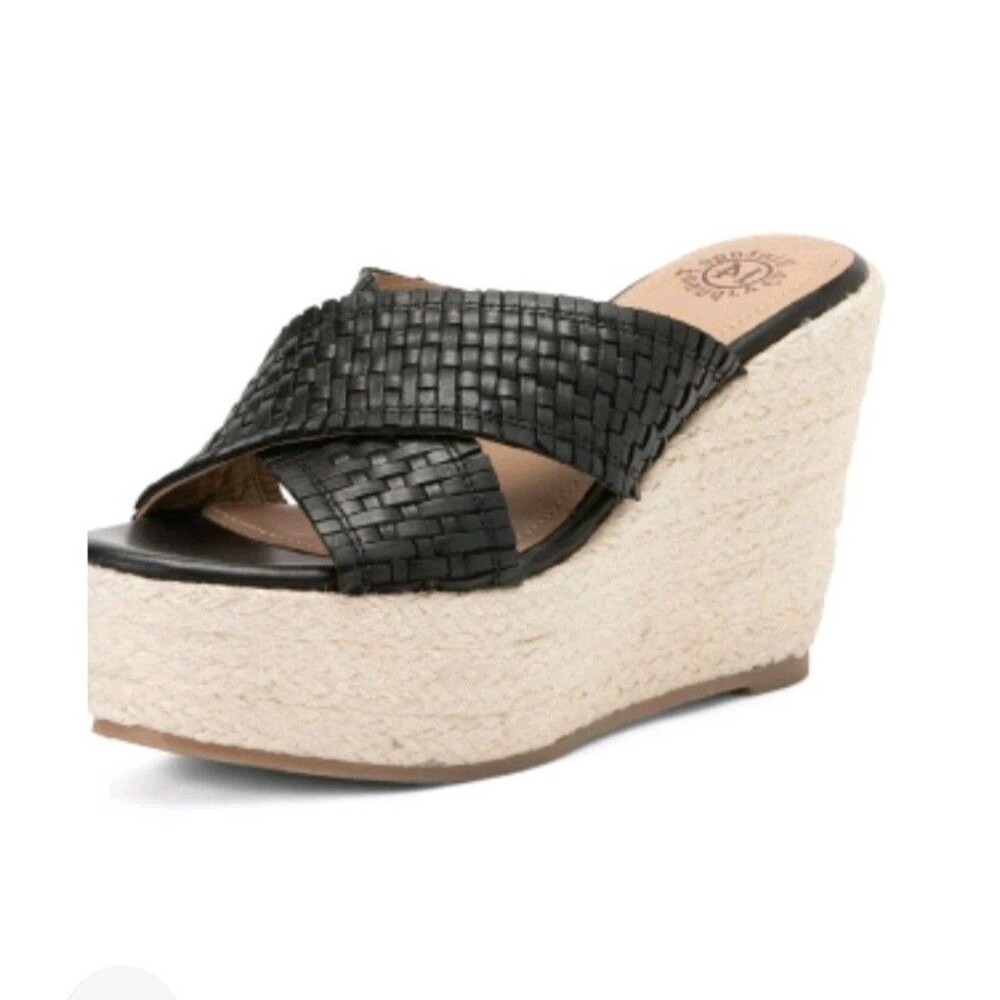 NWT Black Leather Platform Espadrille Wedge Sandals 9.5 Festival Vintage Foundry